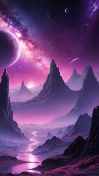 A cosmic scene with a large, purple planet featuring intricate surface details, the background being filled with a starry nebula in shades of purple and pink, enhancing the otherworldly atmosphere