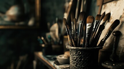 Artist's paintbrushes in studio, artwork background, creative process