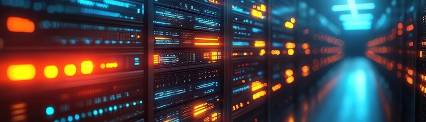 Data center infrastructure with glowing server racks, dark ambient lighting, futuristic setup, wide-angle shot