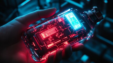 Futuristic Elixir Bottle In Hand. Innovation In Science And Technology. Digital Age, Artificial Intelligence Concept.