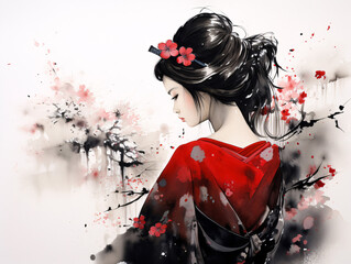 Portrait of a Japanese girl - a geisha, complete with flowers in her hair. Ink painting smeared with a wet brush. Japan traditional sumi-e painting.