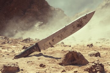 Large worn blade stands in desolate rocky dusty environment