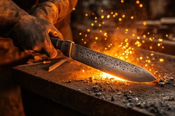 Blacksmith forging metal knife on anvil with sparks flying around