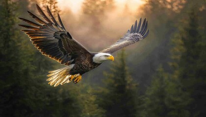 Naklejka premium Majestic Bald Eagle Soaring Through Golden Sunlight