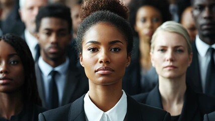 black African American woman serious face standing with other people, black matter and the human rights concept	
