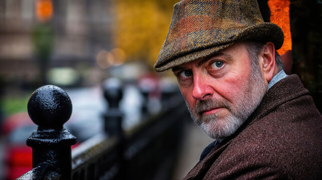 Pensive Gentleman in a Tweed Cap on a City Street