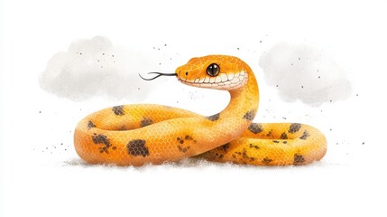 Fototapeta premium A vibrant, cartoon-style illustration of a friendly orange snake with black spots, coiled playfully against a white background.