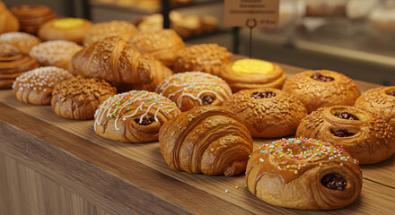 assortment of pastries croissants and danishes on a bakery display fresh baked goods sweet treats