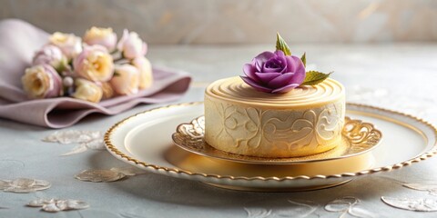 Elegant single-serving cake adorned with a delicate purple flower, presented on a gold-rimmed plate with a pastel background