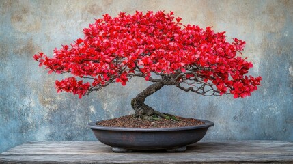 Vibrant red bonsai tree on wooden table against textured wall.  Possible use Desktop wallpaper, garden design inspiration