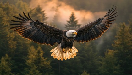Obraz premium Majestic Bald Eagle Soaring Through Misty Forest