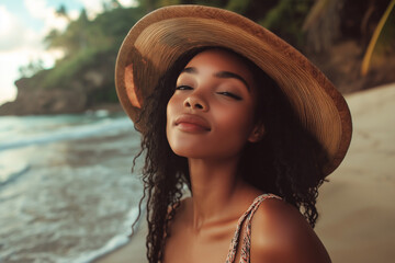 Portrait of young black woman wearing a straw hat on a beach