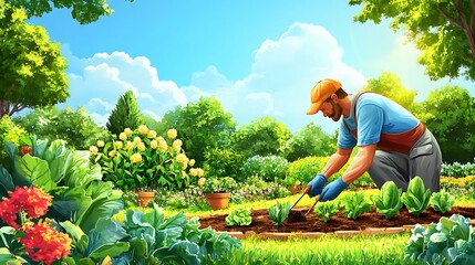 Man tending a vibrant garden on a sunny day