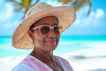 Portrait of senior black woman wearing a straw hat on a beach, under a palm tree