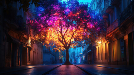 Fototapeta premium A magical tree with glowing neon leaves, growing in the middle of an urban street