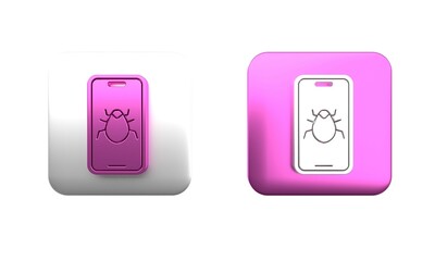 Colorful System bug on mobile icon isolated on white background. Code bug concept. Bug in the system. Bug searching. Square button. 3D render illustration