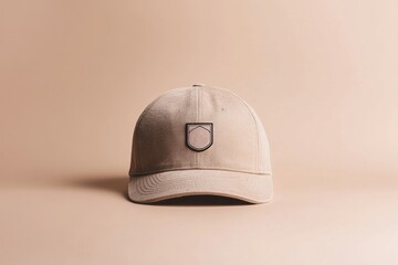 Fototapeta premium A minimalist beige baseball cap with shield shaped patch