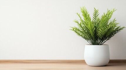 Lush green plant in a modern white pot on a wooden surface against a neutral wall backdrop