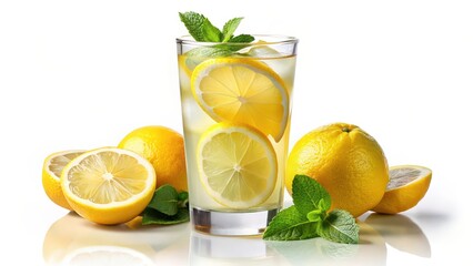 Lemonade Drink with Lemons and Mint on White Background