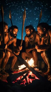 Primitive hunter men gathered around a crackling fire under the night sky