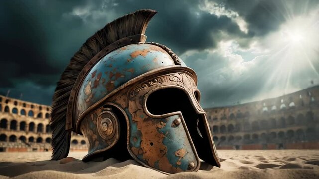 An ancient gladiator helmet resting on the sand of a grand ancient arena, under a brooding stormy sky