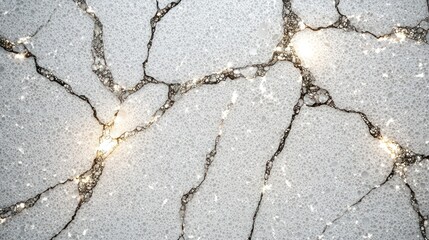 Cracked white surface with glittering lights, abstract background