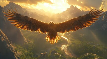Obraz premium Eagle soaring over a vibrant landscape, dynamic motion, glowing sunlight, powerful and majestic atmosphere, photorealistic