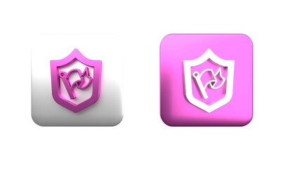 Colorful Shield with flag icon isolated on white background. Victory, winning and conquer adversity concept. Square button. 3D render illustration