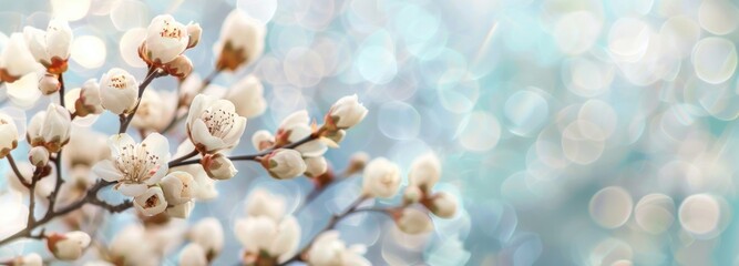 Beautiful white cherry flowers on light blue blurred backgrond. Amazing close-up of spring blossom. Cool clear pure scene displaying beauty of elegance. Business advertisement materials. Copy space