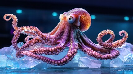 Naklejka premium A stunning ice sculpture of a giant octopus with delicate tentacles, illuminated by soft purple lighting at an international ice competition, highly detailed