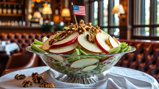 delicious appetizing waldorf salad with apple, celery, walnuts on a table with an american flag in a cafe
