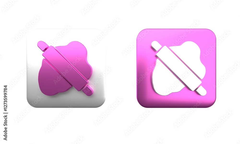 Canvas Prints Colorful Rolling pin on dough icon isolated on white background. Square button. 3D render illustration