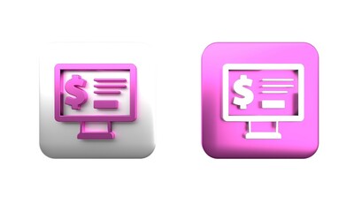 Colorful Monitor with dollar icon isolated on white background. Sending money around the world, money transfer, online banking, financial transaction. Square button. 3D render illustration