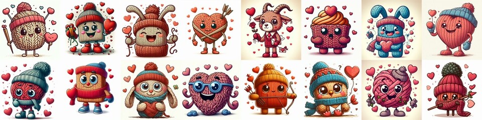 Fototapeta premium Cartoon knitted mascot. Love concept. AI generated illustration