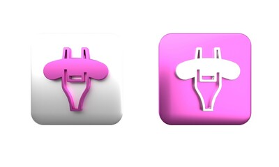Colorful Sausage on the fork icon isolated on white background. Grilled sausage and aroma sign. Square button. 3D render illustration
