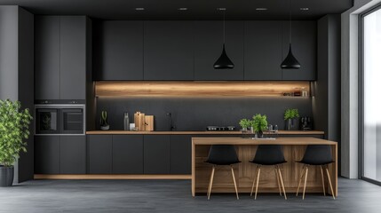 Modern kitchen interior with sleek black cabinetry, wooden island, and ambient lighting