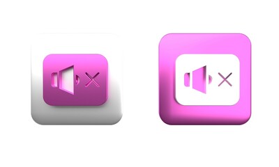Colorful Speaker mute icon isolated on white background. No sound icon. Volume Off symbol. Square button. 3D render illustration