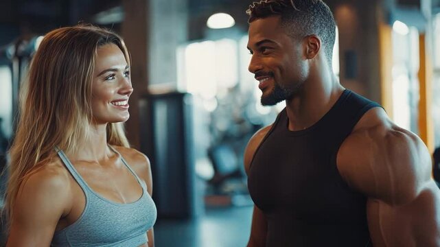Fitness Friends: A cheerful male and female athlete share a moment of camaraderie at the fitness center. This photo portrays a scene of teamwork, well-being and a mutual passion for fitness