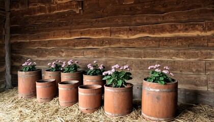 Fototapeta premium seven wooden flower pots with pink flowers sitting on straw.