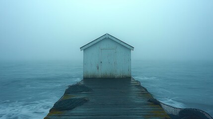 Misty Wooden Fishing Hut on a Pier.