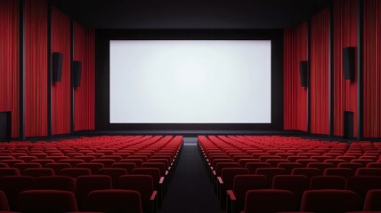 Fototapeta premium Empty Modern Movie Theater Auditorium with Red Seats and Large Screen