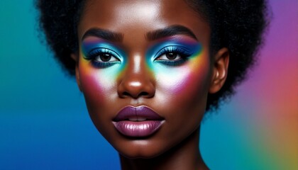 Fototapeta premium A close-up photograph of an African American woman with vibrant makeup and hair on a multicolored background.