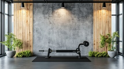 Concrete wall mockup in a modern gym interior with wooden wall bars, a black rowing machine, large windows, and subtle spotlights, loft design, 4K ultra-realistic photo