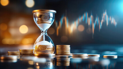 Time lapse of coins moving through hourglass with multiple clock faces representing financial growth over time
