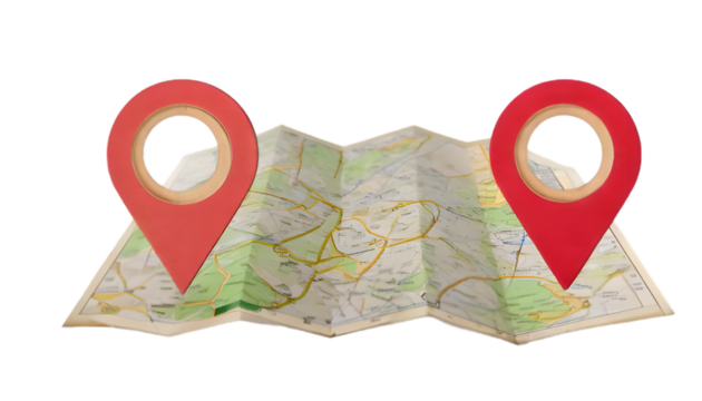 Folded map with location markers isolated on clear png background