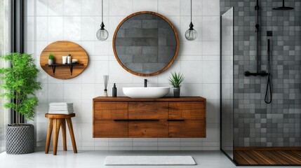 Contemporary bathroom with a wall-mounted vanity, round mirror, black fixtures, glass shower, and a small wooden stool with decor on a transparent background, 4K ultra-realistic photo