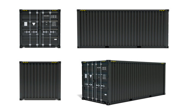 Set of black shipping cargo containers for transportation. with Shadow. Isolated on white background. 3D illustration.