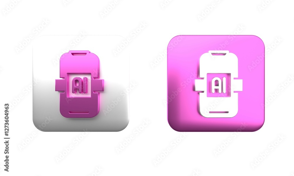 Poster Colorful Artificial intelligence AI icon isolated on white background. Machine learning, cloud computing, automated support assistance and networks. Square button. 3D render illustration