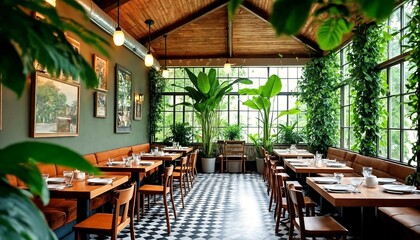 Fototapeta premium A Restaurant with Greenery and Checkered Floors.