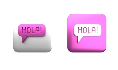 Colorful Hola in different languages icon isolated on white background. Speech bubbles. Square button. 3D render illustration